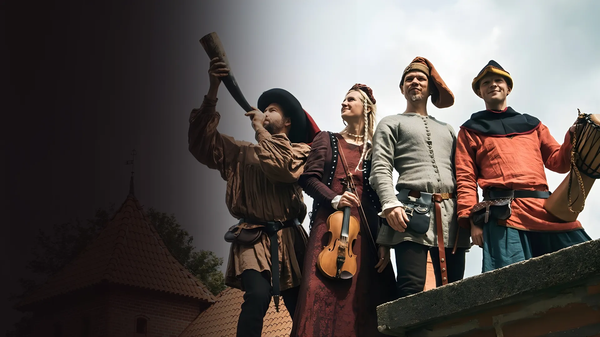 A musician blows an ancient horn against a castle backdrop