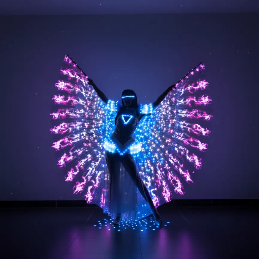 A dancer spreads wide LED wings in a dramatic pose