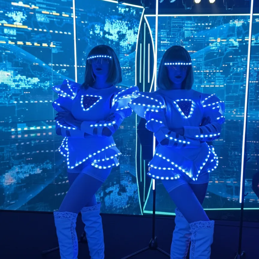Two dancers in LED costumes against a digital screen backdrop
