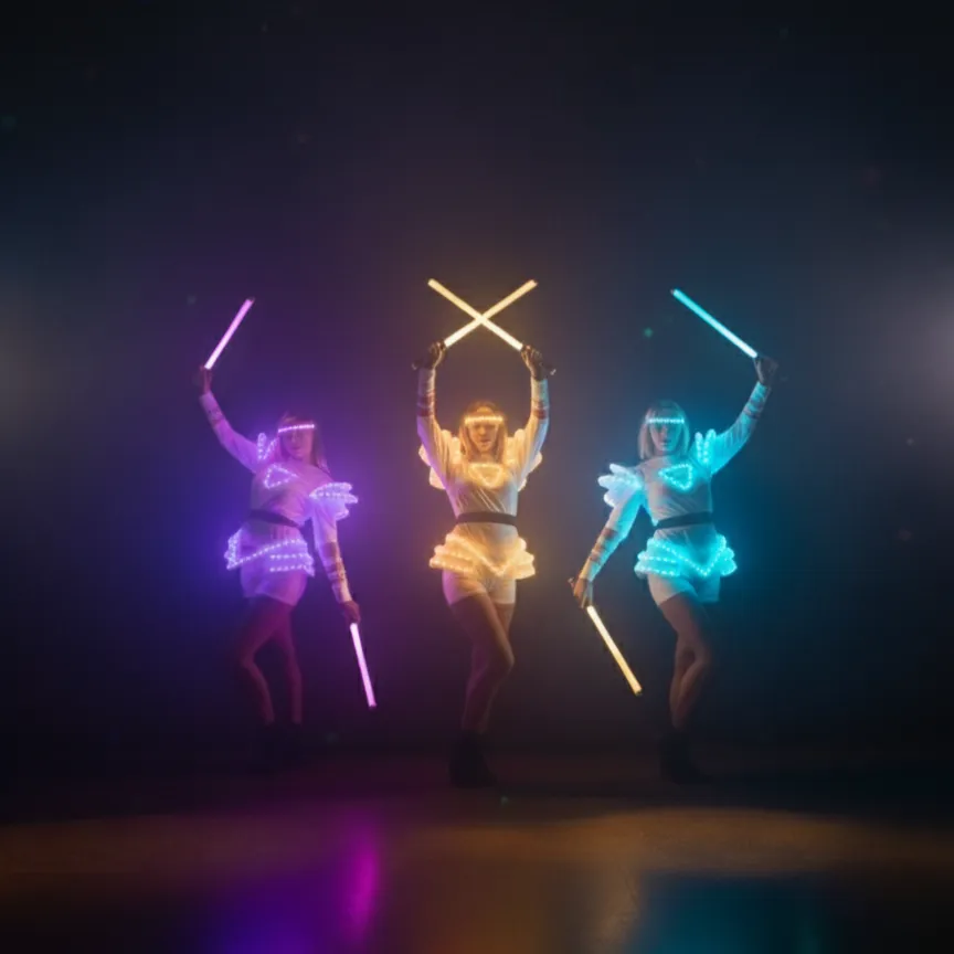 Three dancers raise crossed glowing LED wands overhead