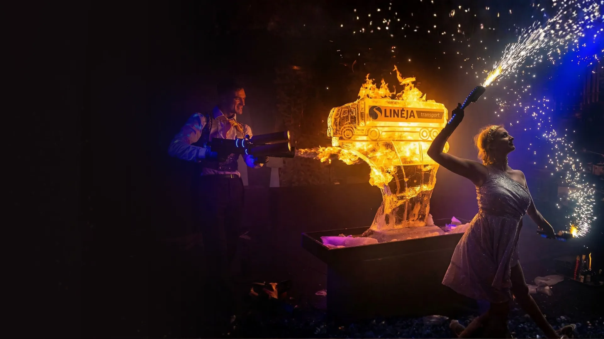 Blazing ice sculpture fire and ice show performed on stage