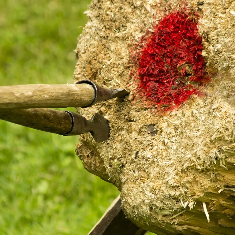 Two wooden-handled axes lodged in a straw target with a red centre