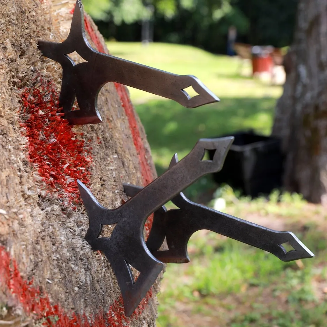 Two axes lodged in the red centre of a wooden target