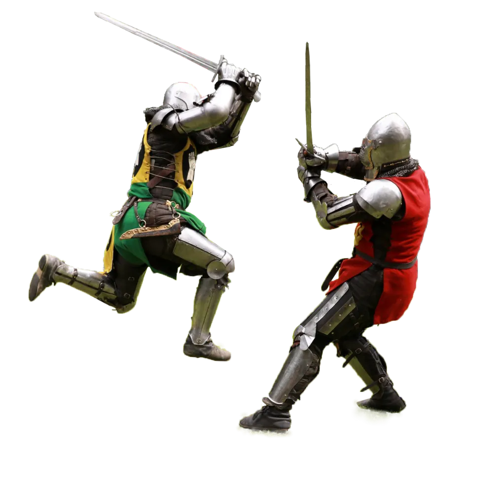 A stunt knight-fight choreography shot cut out without background