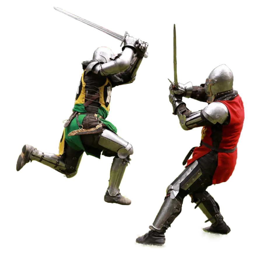 A stunt knight-fight choreography shot cut out without background