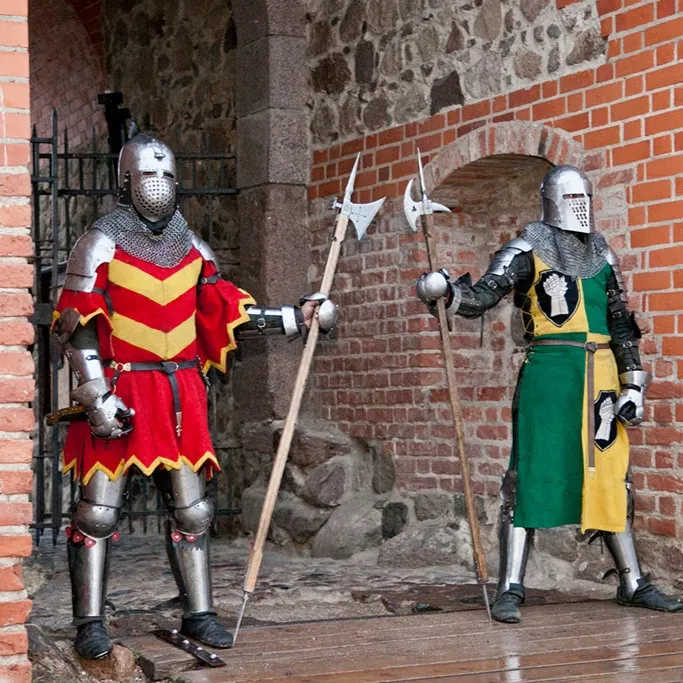 Two knights in differently coloured tunics stand by a stone wall with halberds