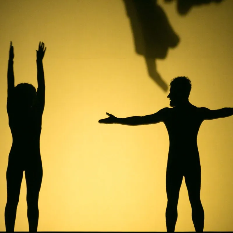 Two performers cast silhouettes against a warm yellow backdrop
