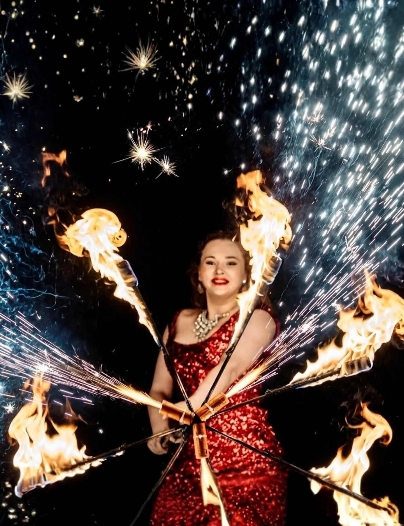 A performer in a red dress holds a blazing umbrella shooting sparks