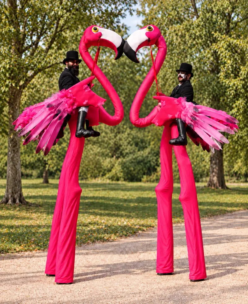 Flamingų kojūkininkai parke pozuoja