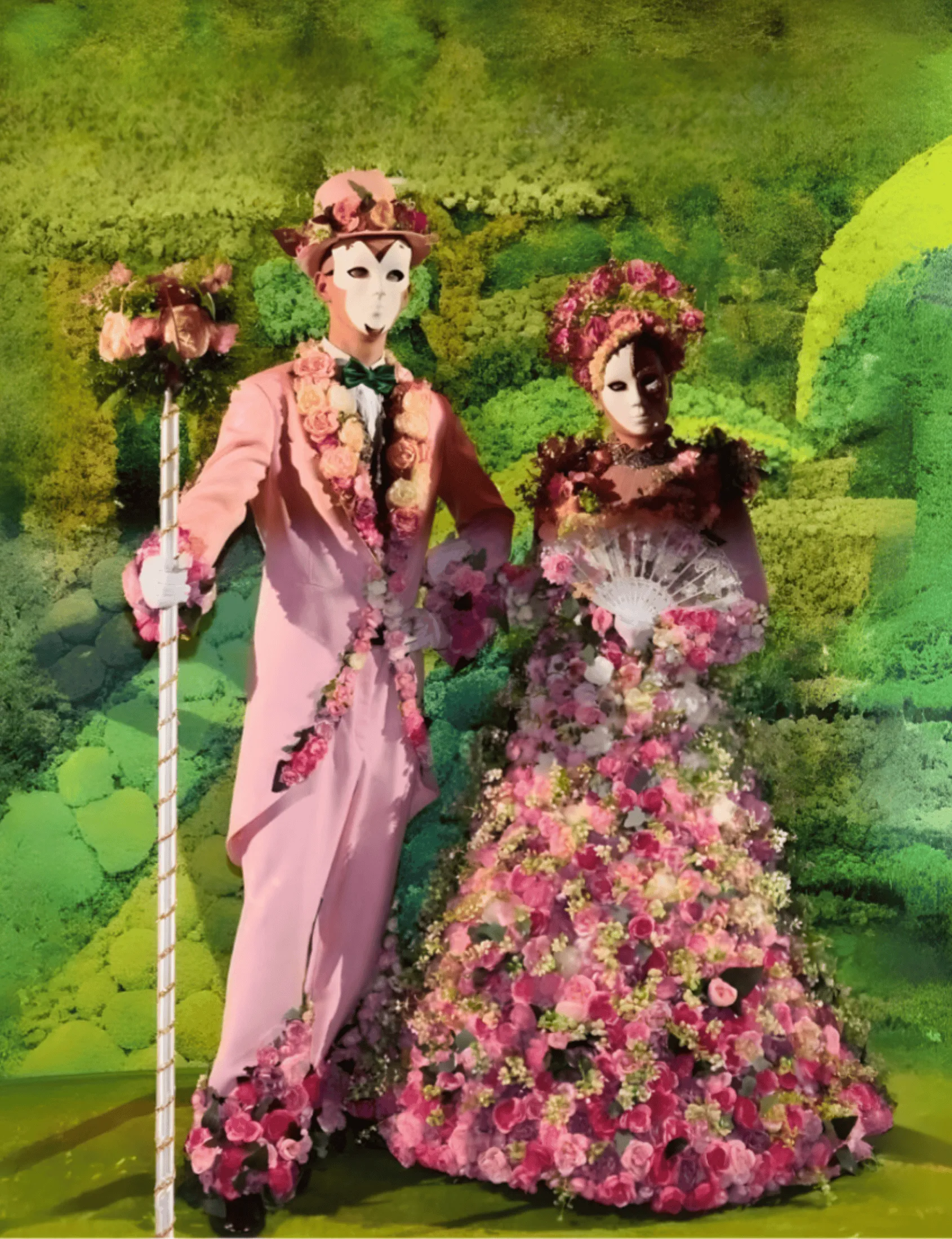Flower people couple in pink costumes in a garden, the man holding a floral staff