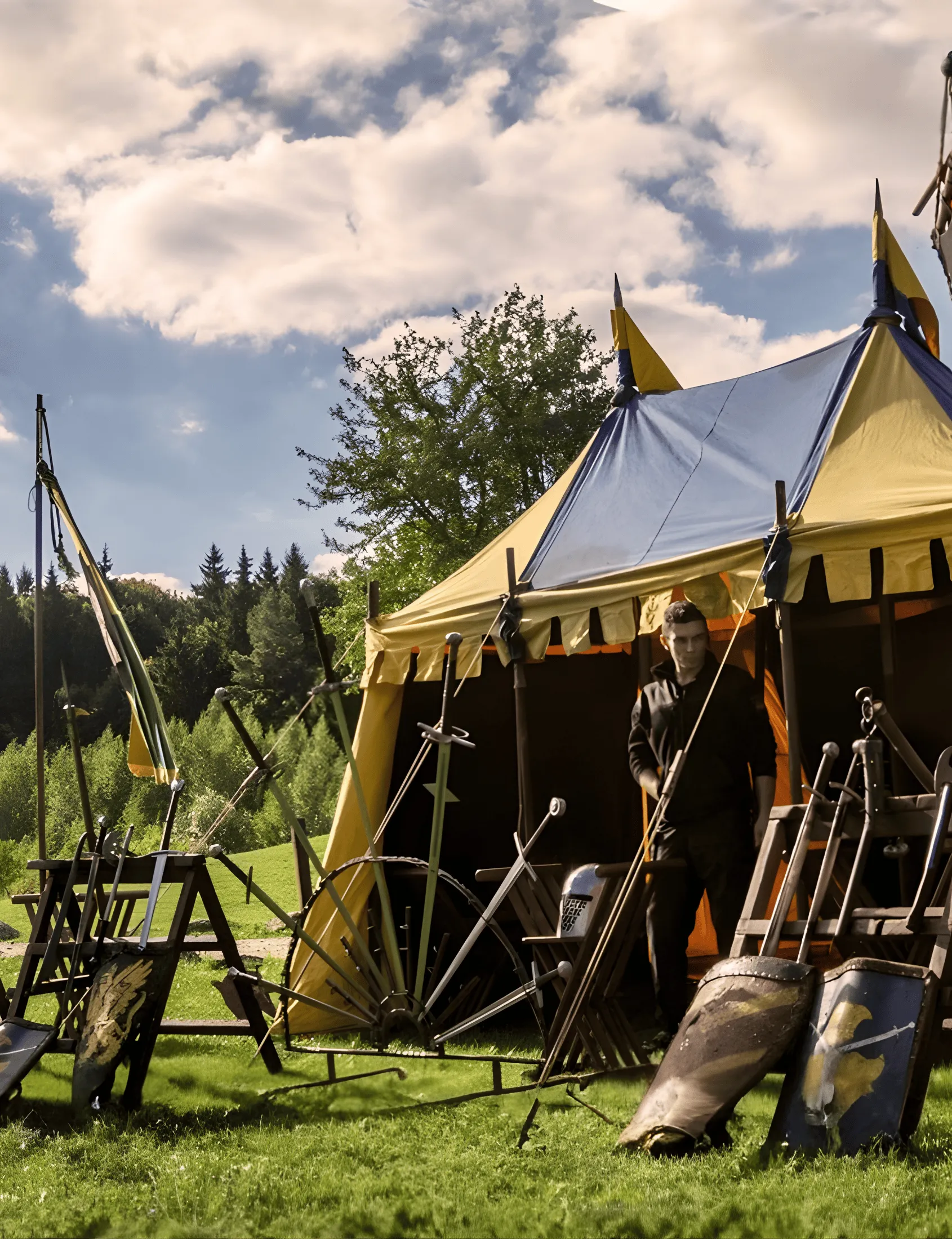 A display of weapons and shields beside a medieval tent outdoors