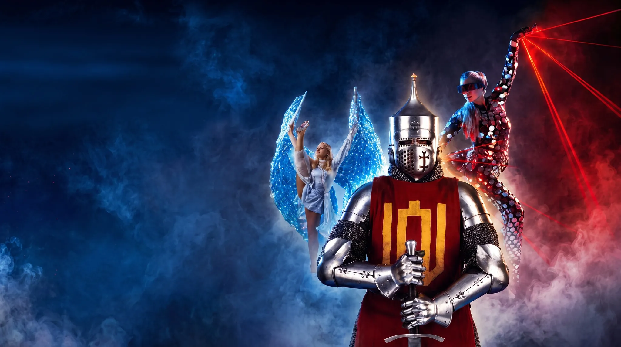 Medieval show performers – fire dancers, a knight, an ice fairy and a laser act