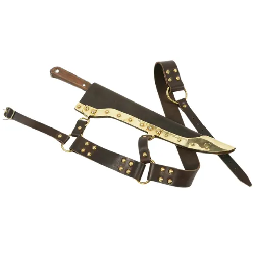 A sword in a leather scabbard with a full carrying harness