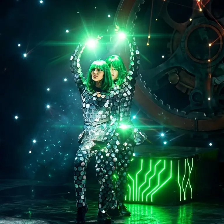 Two dancers with raised arms hold a glowing light on stage