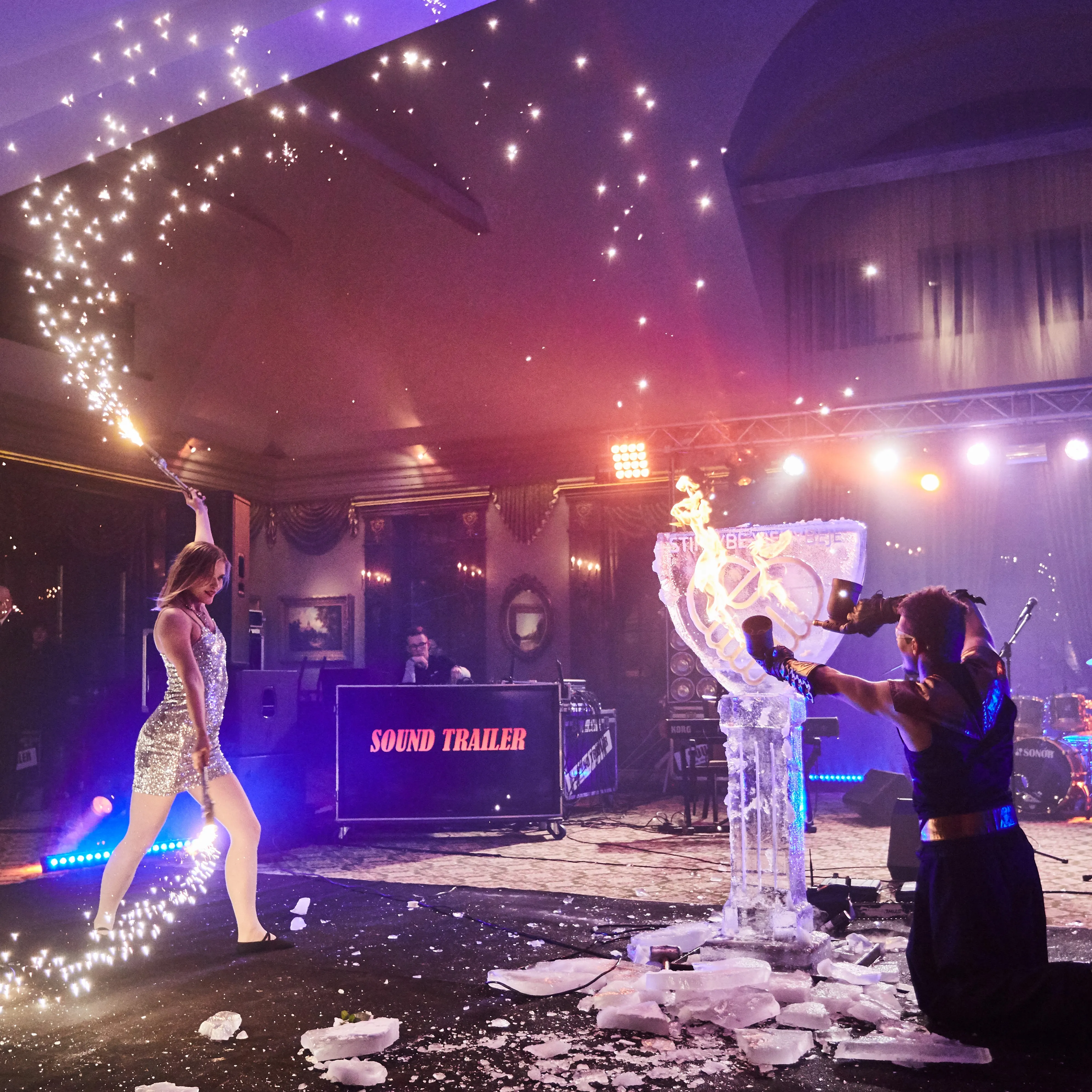 Ice sculpture set alight on a concert stage during the ice and fire show