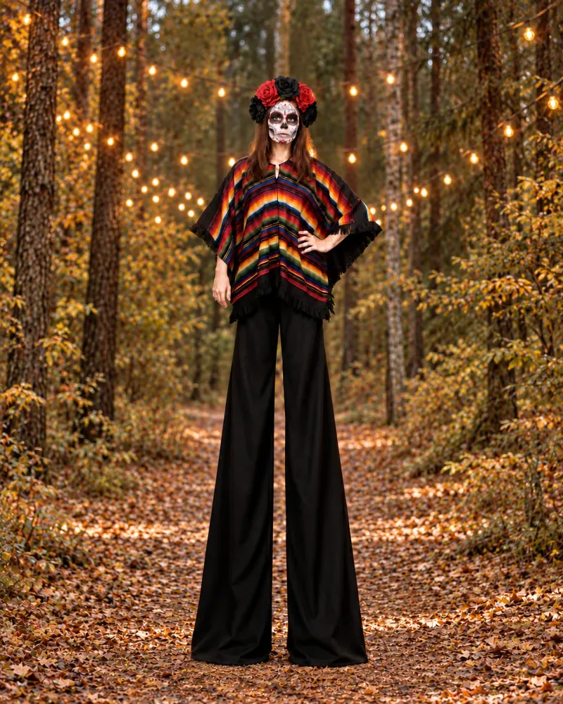 Szczudlarka na Halloween z malunkiem czaszki na twarzy i w kolorowym ponczo w jesiennym lesie