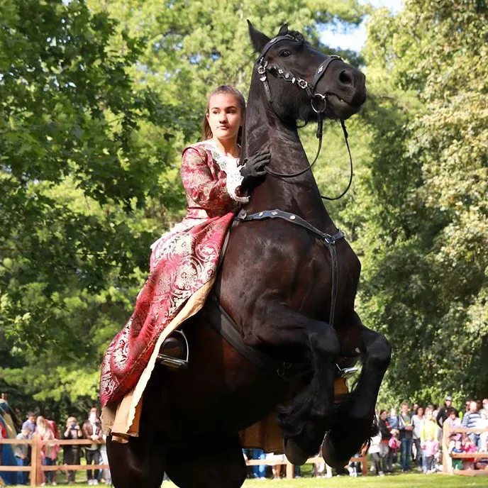 A young woman in a red gown rides a rearing horse