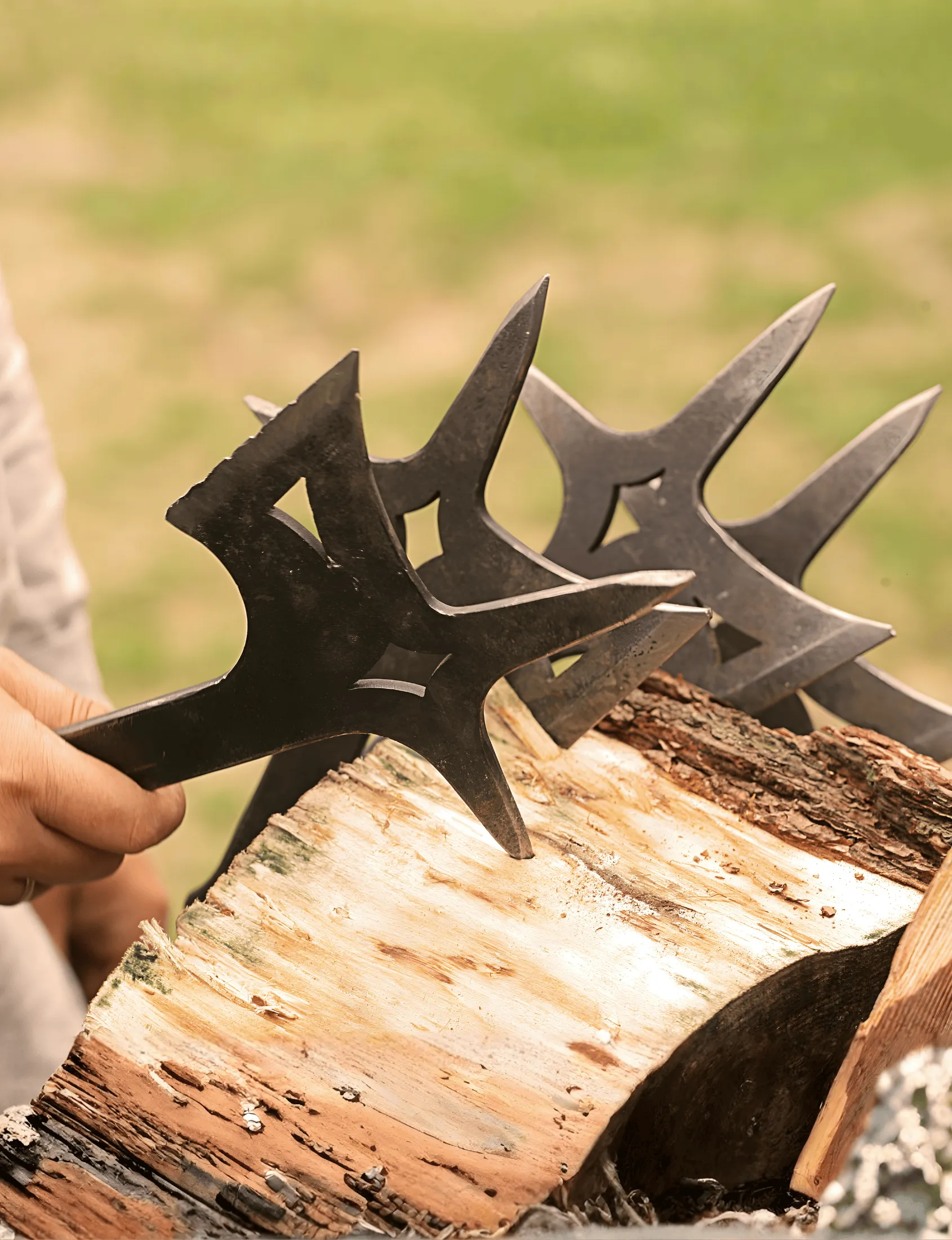 Close-up of throwing axes lodged in a wooden log