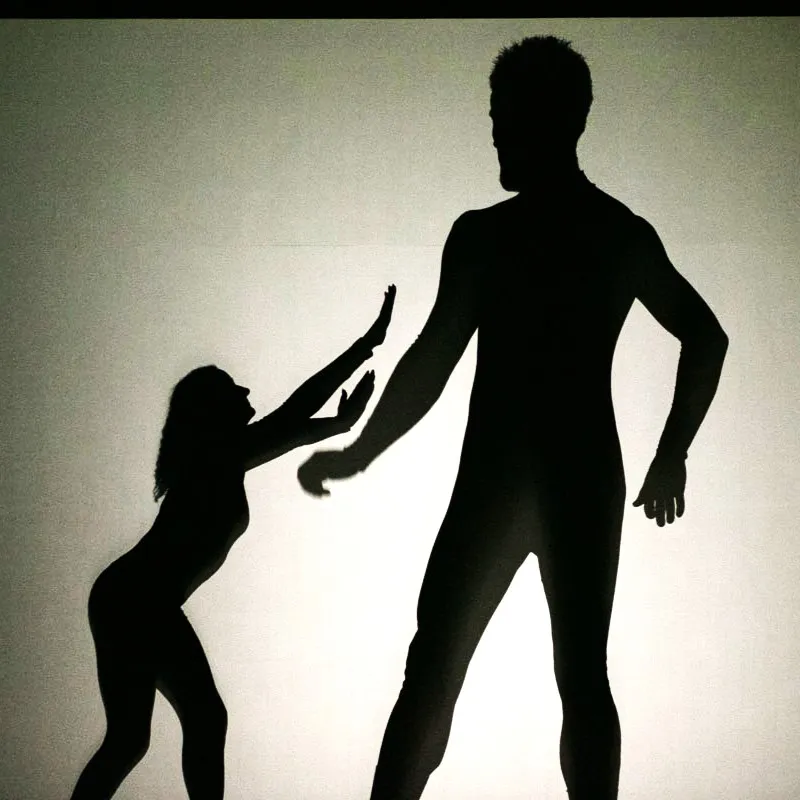 A small silhouette reaches toward a towering figure in the shadow show