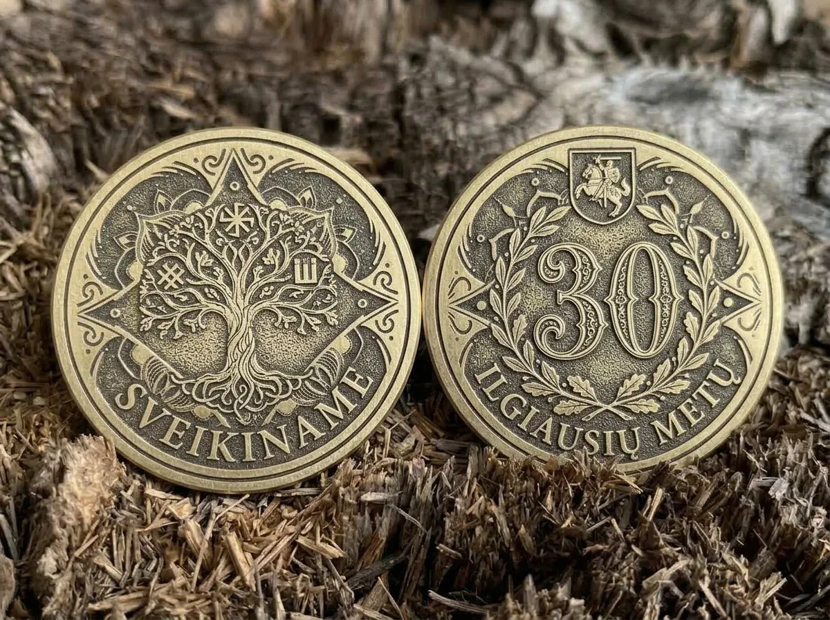 Vermitud mälestusmündid linnavapi ja kirjadega lähivaates