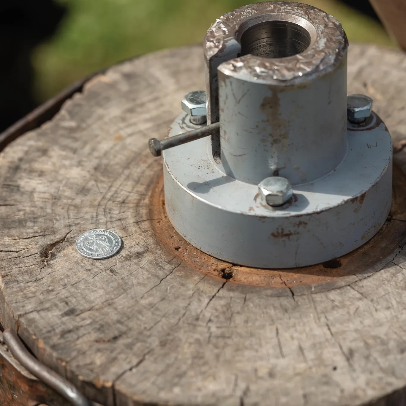 A coin-minting press mounted on a wooden log next to a freshly struck coin