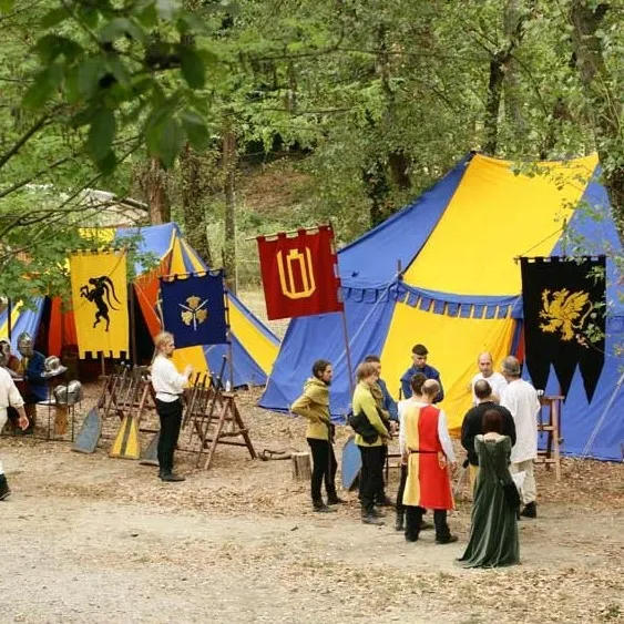 A forest tent camp decorated with colorful heraldic banners