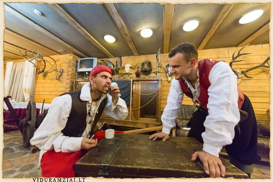 Two pirate characters at a wooden table in a tavern setting