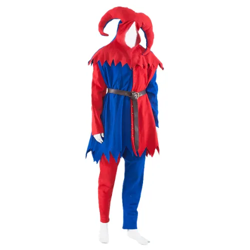 A red-and-blue jester costume with a horned hood