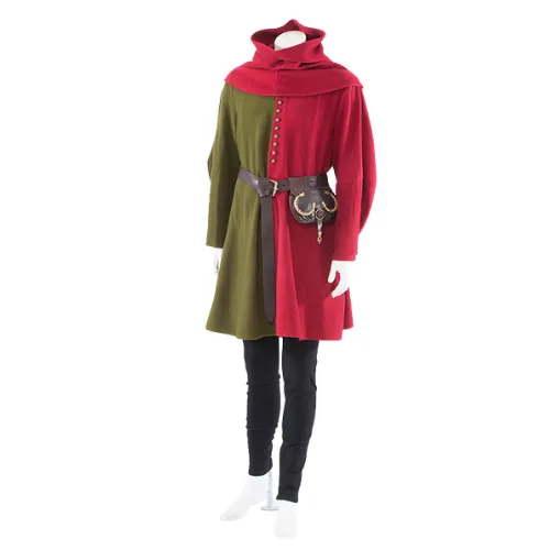 A red-and-olive medieval coat with a hood and a leather belt pouch