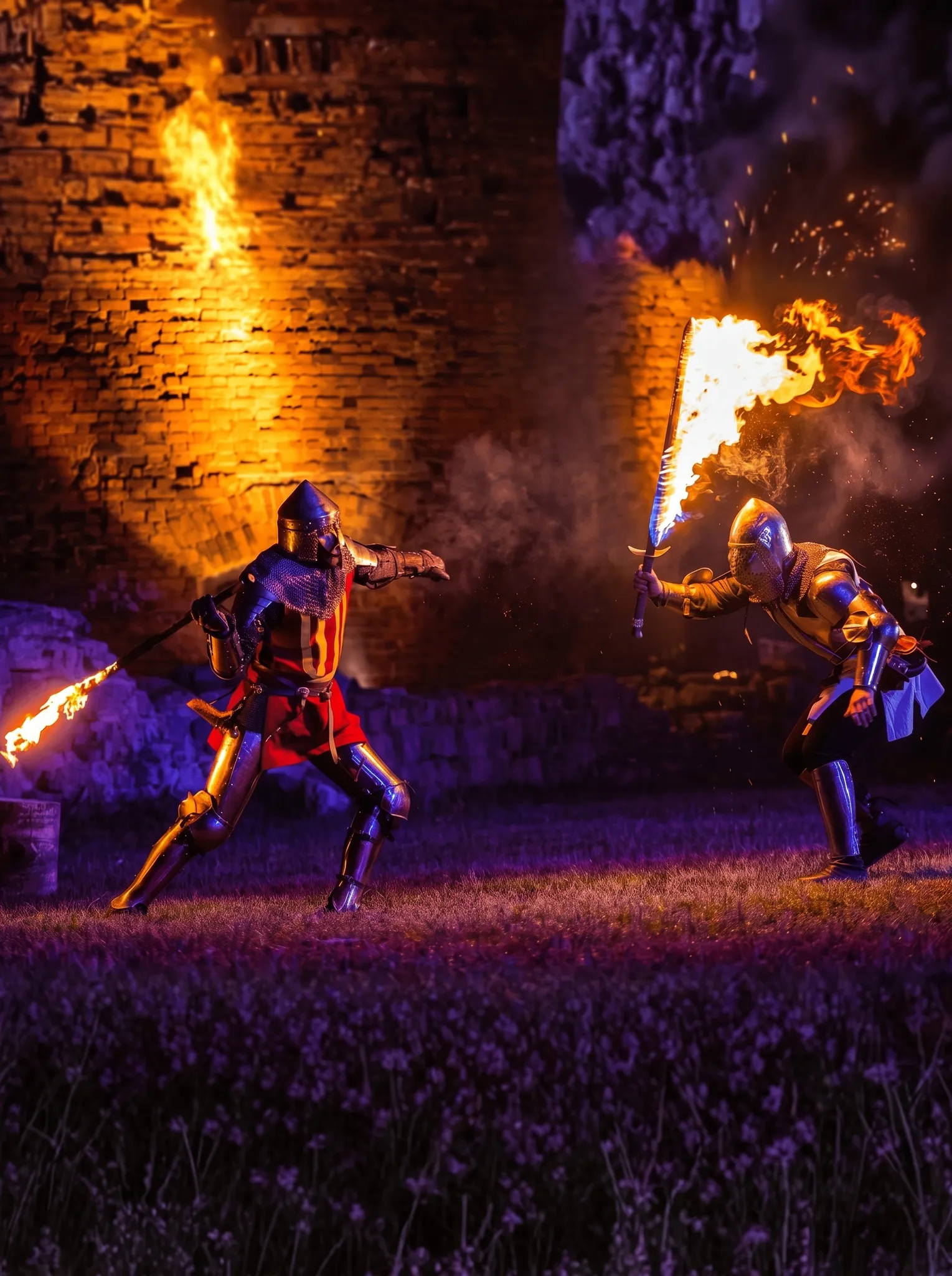 Two knights duel with flaming swords by castle ruins at night