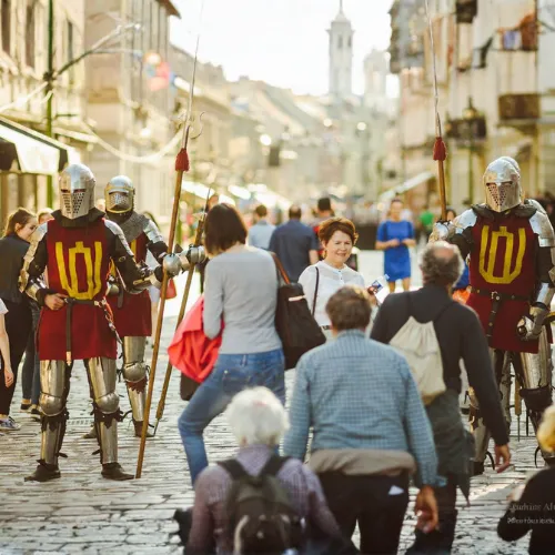 Knights with halberds escort guests through a busy old-town street