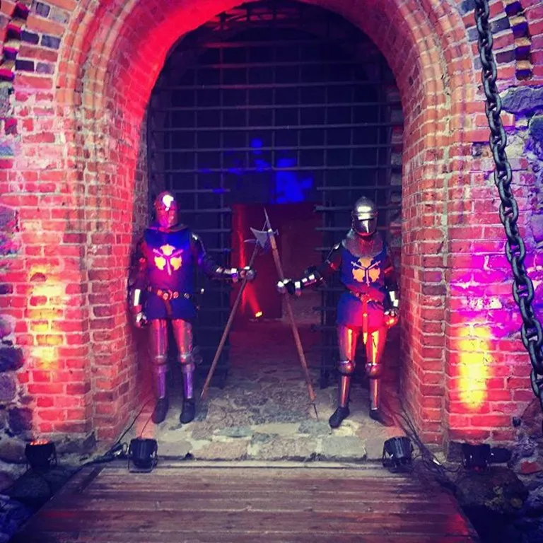 Knights with battle axes stand at the castle gate in colourful night lighting
