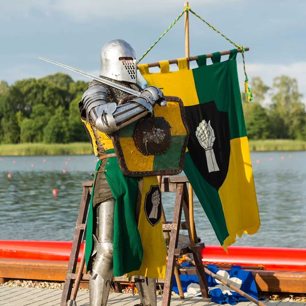 A knight raises his sword beside a green and yellow banner by the lake