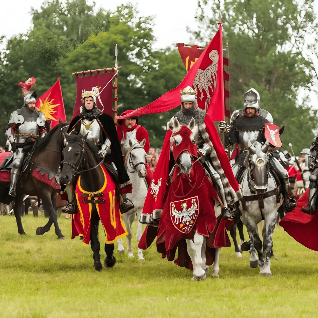 A procession of mounted riders with heraldic banners and a crowned knight at the front