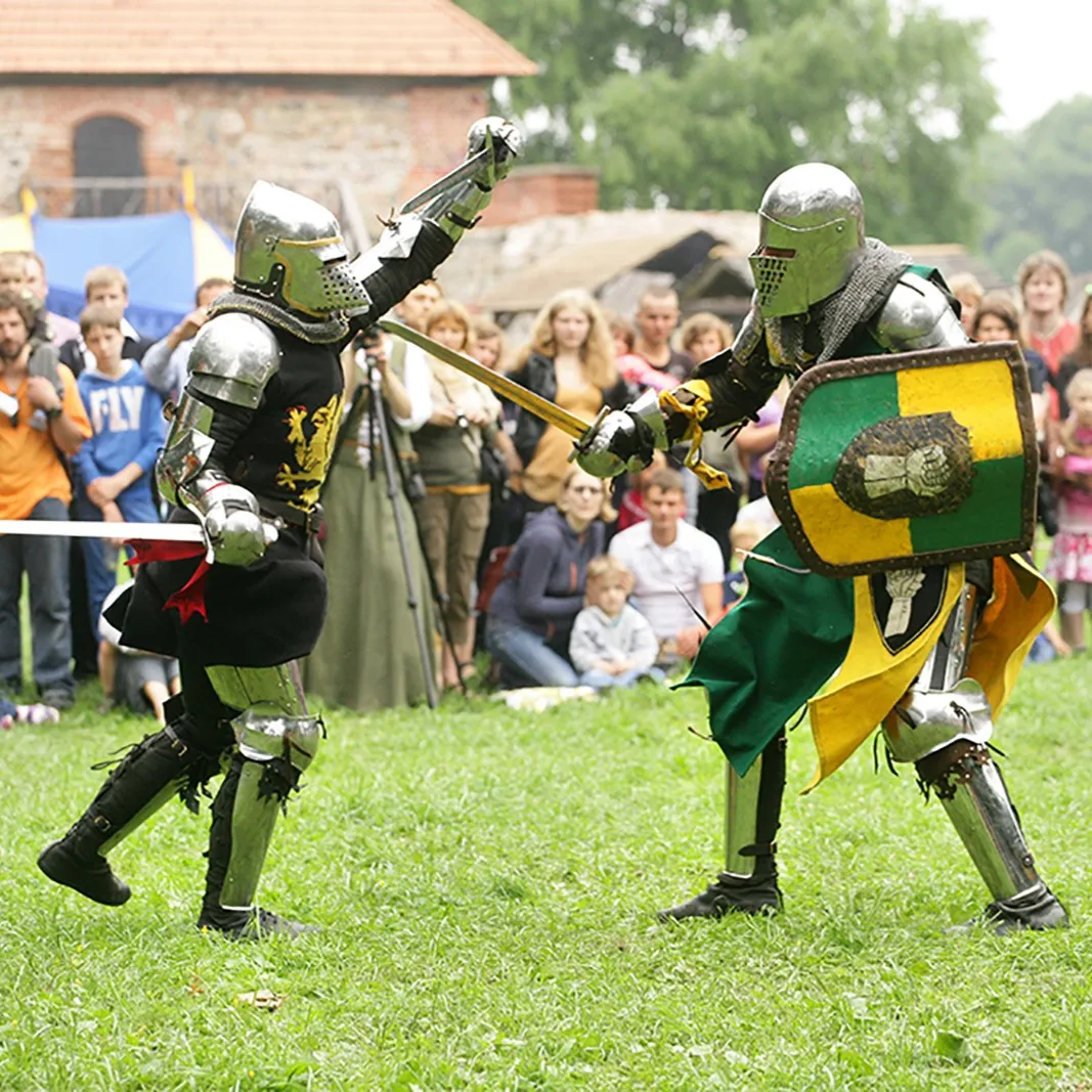 A knights' combat tournament performed for a large crowd of spectators
