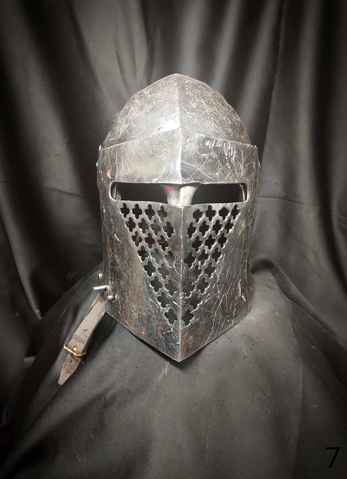 Knight's helmet with a pointed visor from the rental armour collection