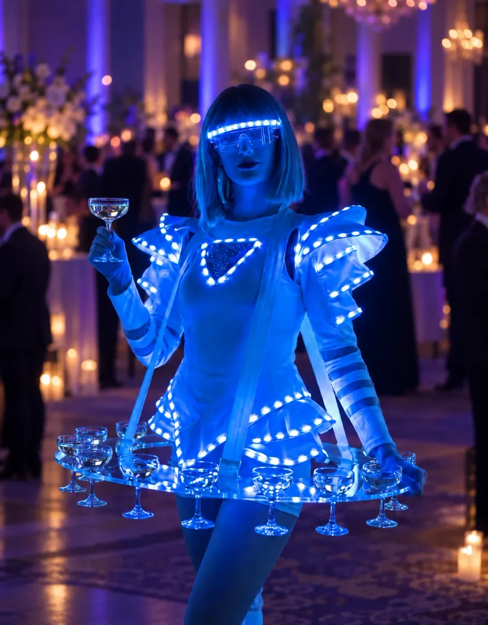 Mergina su LED kostiumu ir šampano staliuku