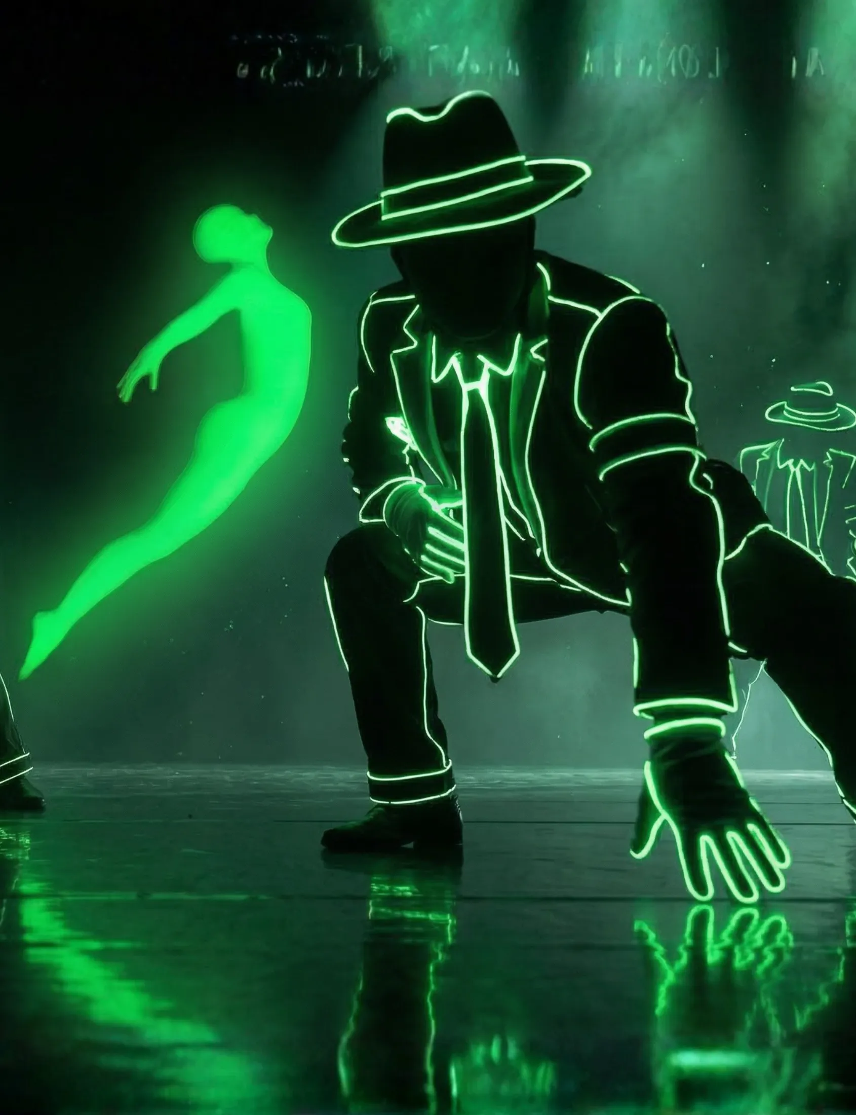 A performer in a glowing LED costume beside a UV levitation illusion figure