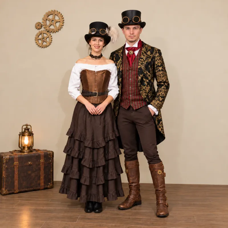 Steampunk personažai su mechaniniais kostiumo elementais