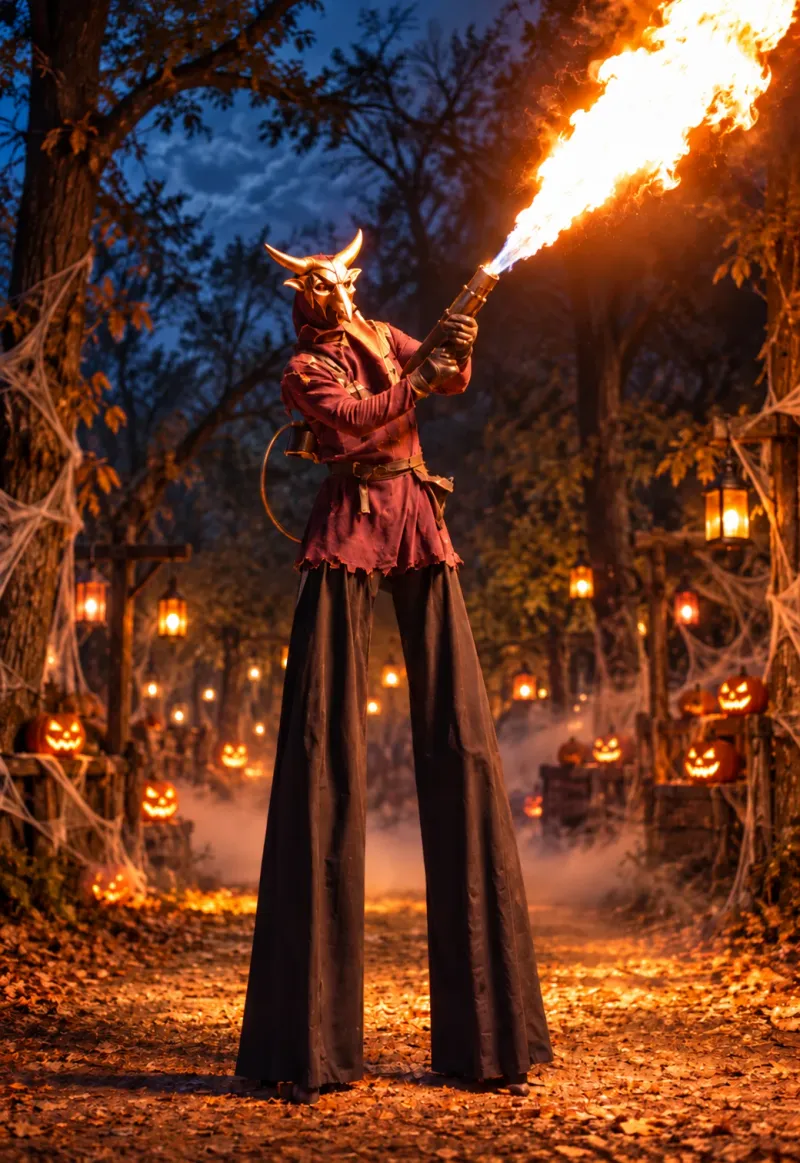 Szczudlarz na Halloween z płonącym miotaczem ognia