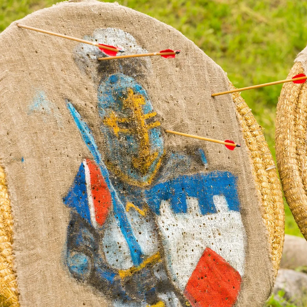 Close-up of a hand-painted knight target with arrows lodged in it