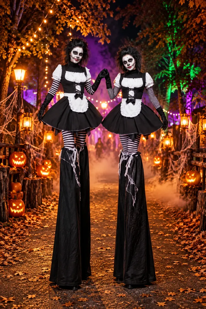 Dwie szczudlarki na Halloween w kostiumach upiornych pokojówek w lesie