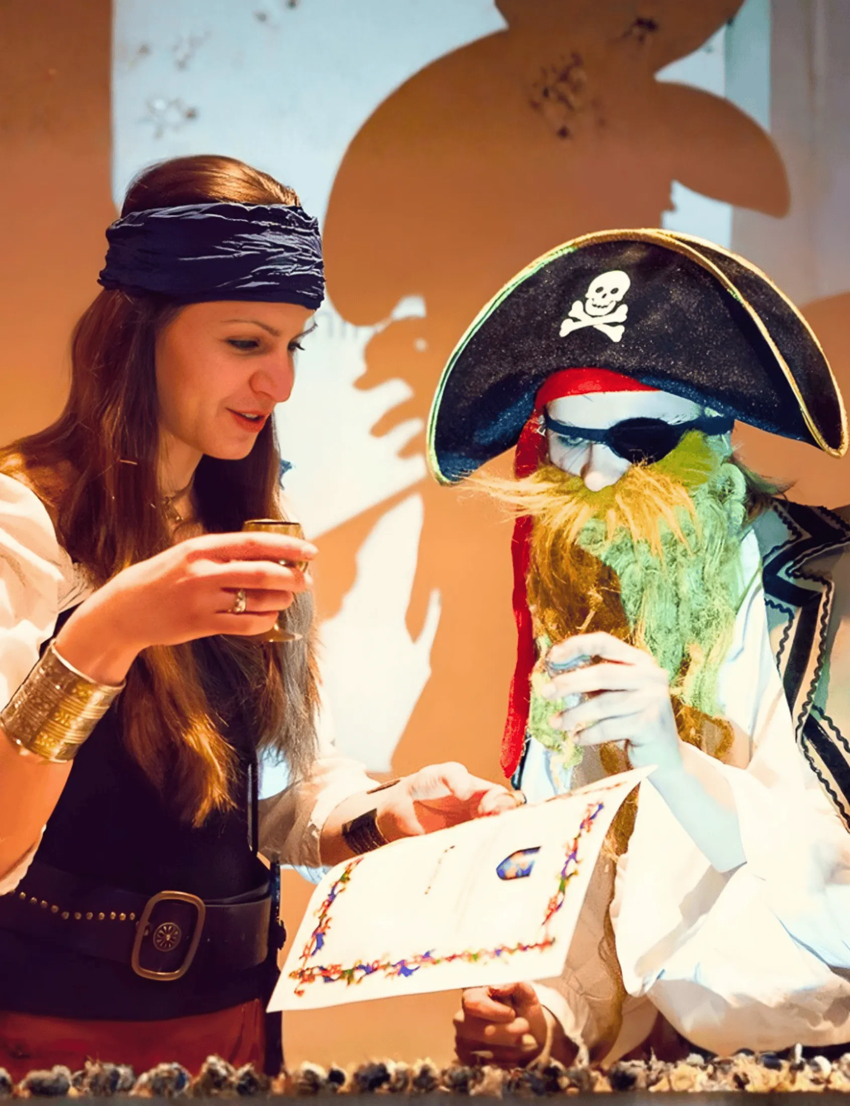 A pirate captain reads a treasure map with a guest in the Redbeard programme