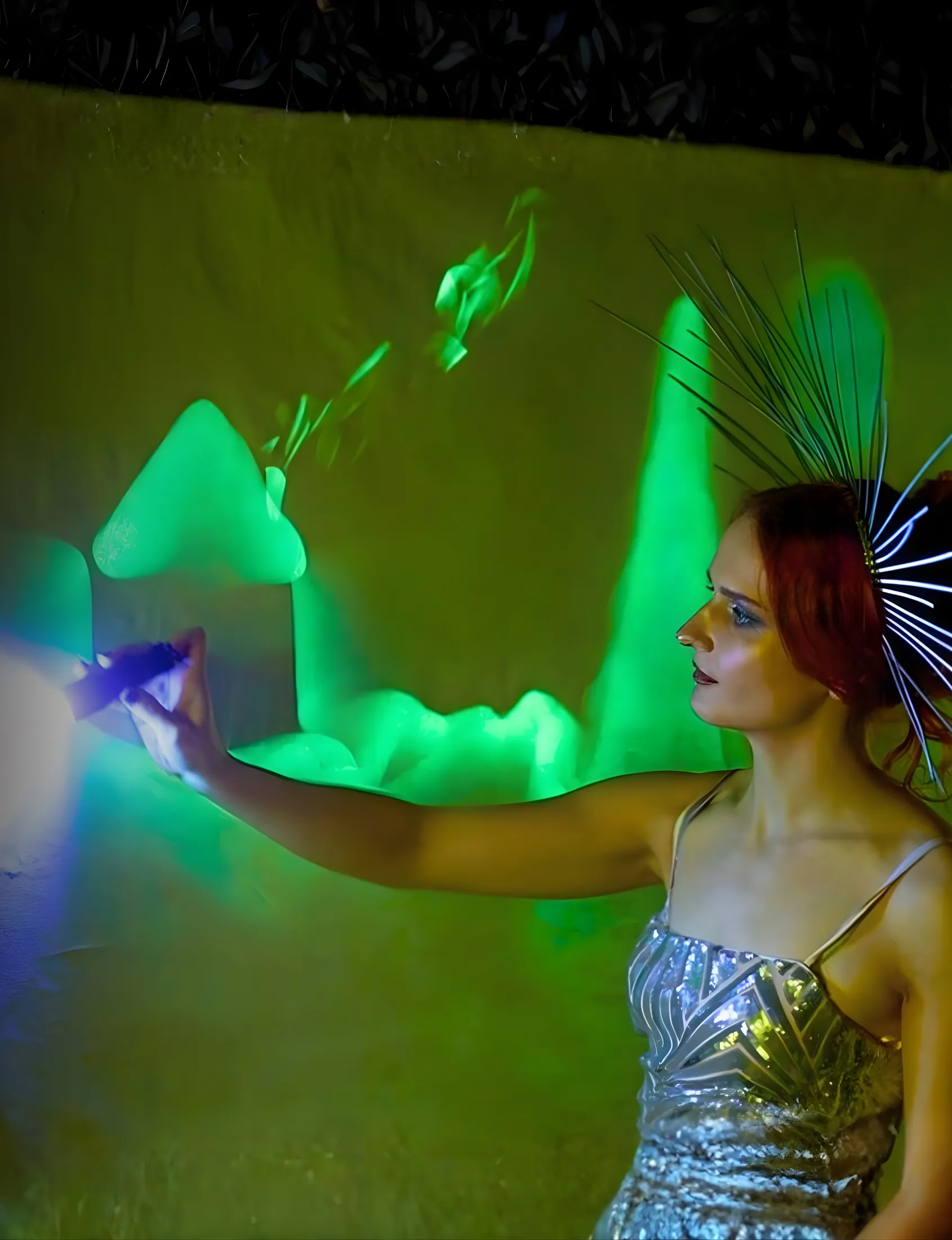 Performer paints a glowing tree with a light tool on a dark stage