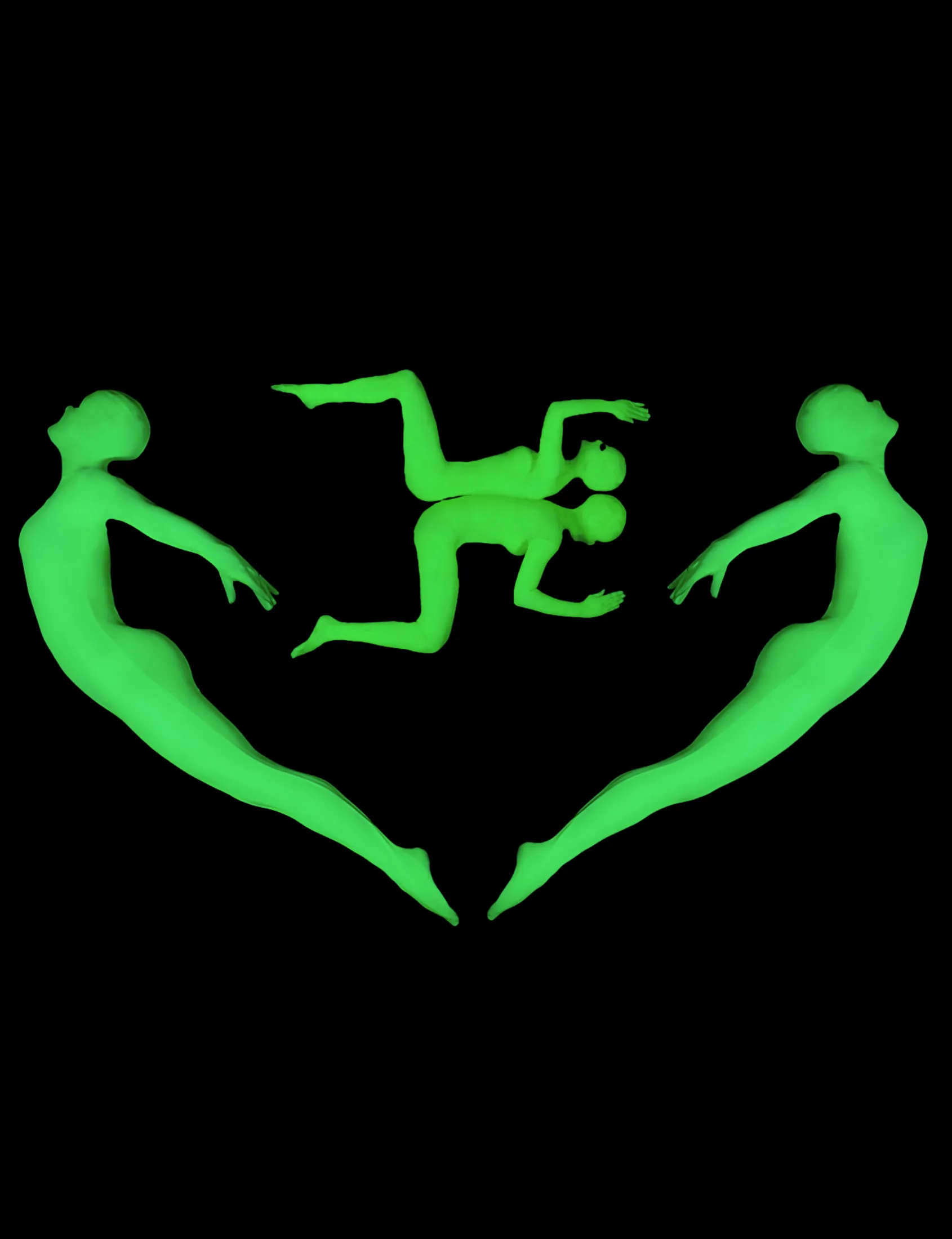 UV show performers form a glowing heart shape in the dark