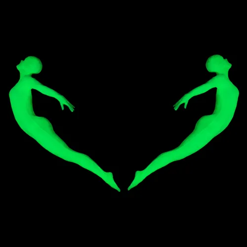 Two performers in glowing suits create a symmetrical dance pose