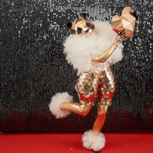 Full-length mirror-mosaic bear-head character with white fur trim