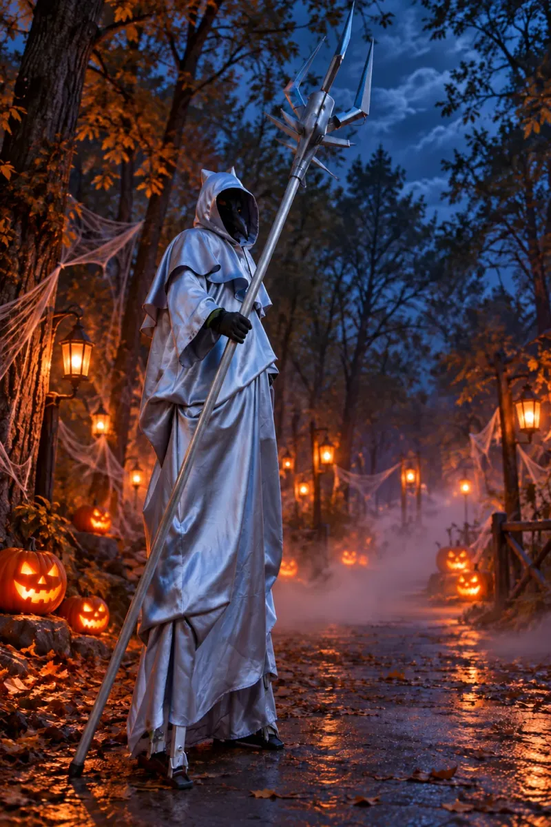 Szczudlarz w pelerynie na Halloween