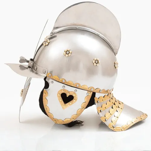 A medieval helmet with a raised visor and a heart-shaped cutout