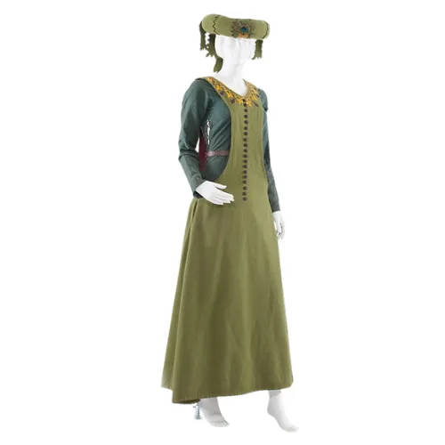 A green medieval noblewoman's dress with an embroidered collar and hat